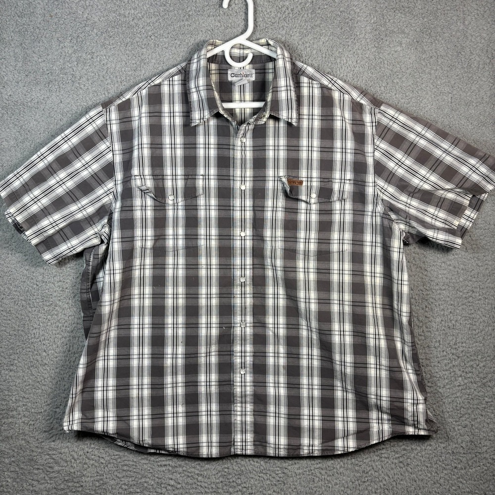 Carhartt Shirt Mens 2XL Grey Plaid Pearl Snap Western Short Sleeve Workwear